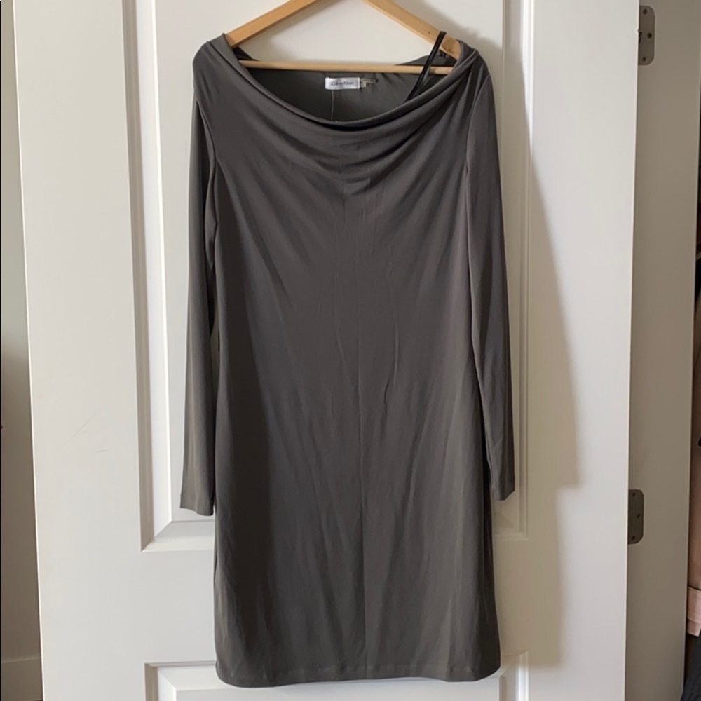 Calvin Klein olive green long sleeve scoop draped dress 8 NWT